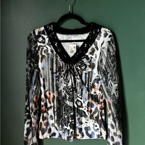 Alberto Makali Black Mixed-Print Sequin V-Neck Long Sleeve Top
